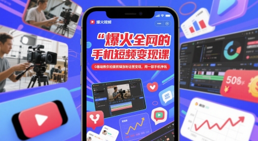 爆火全网的手机短视频变现课，0基础教你拍摄剪辑涨粉运营变现，用一部手机挣钱-搞钱利器