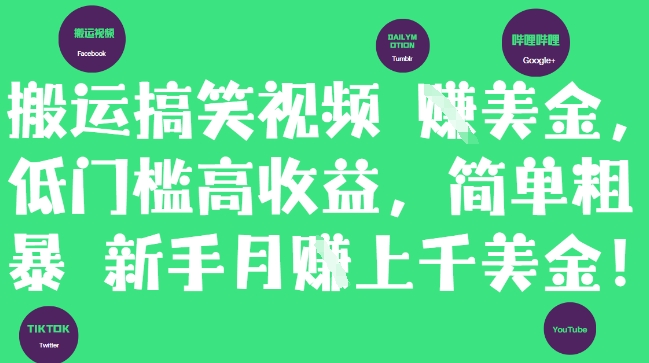 搬运搞笑视频挣美金，低门槛高收益，简单粗暴新手月入上千美刀-搞钱利器