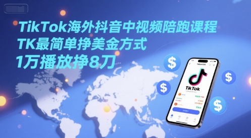 TikTok海外抖音中视频陪跑课程，TK最简单挣美金方式，1万播放挣8刀-搞钱利器