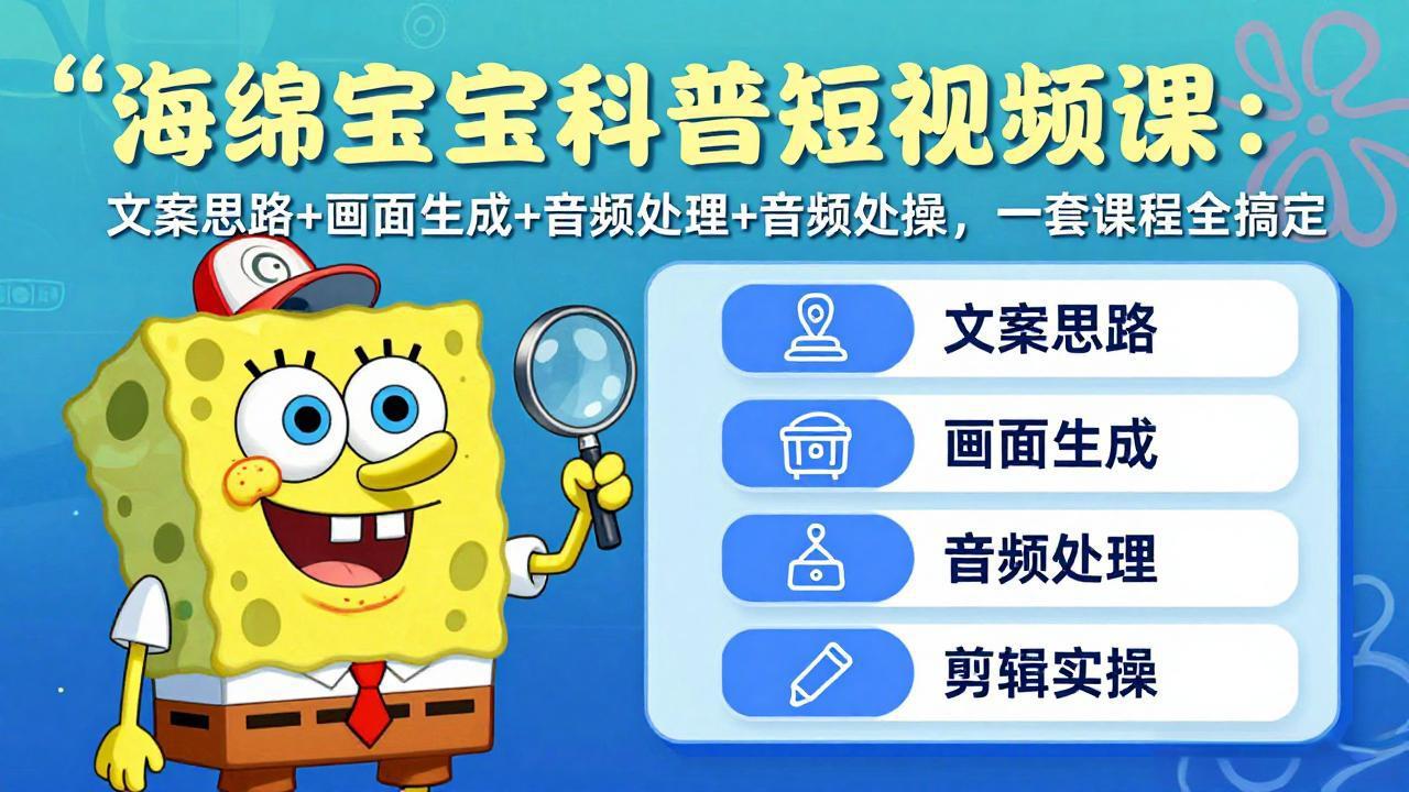 海绵宝宝科普短视频课:文案思路+画面生成+音频处理+剪辑实操,一套课程全搞定-搞钱利器