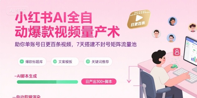 小红书AI全自动爆款视频量产术，助你单账号日更百条视频，7天搭建不封号矩阵流量池(更新9月)-搞钱利器