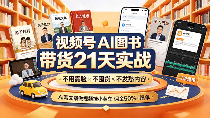 视频号AI图书带货21天实战：不用露脸×不囤货×不发愁内容，AI写文案做视频挂小黄车，佣金50%+爆单-搞钱利器