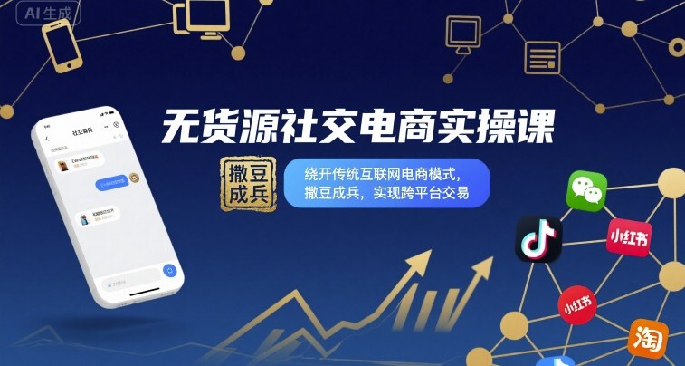 无货源社交电商实操课，绕开传统互联网电商模式，撒豆成兵，实现跨平台交易-搞钱利器