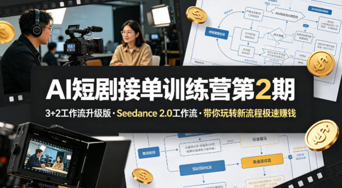 AI短剧接单训练营第2期，3+2工作流升级版，Seedance 2.0工作流，带你玩转新流程极速賺钱-搞钱利器