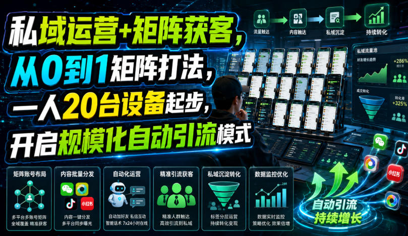 私域运营+矩阵获客，从0到1矩阵打法，一人20台设备起步，开启规模化自动引流模式！-搞钱利器