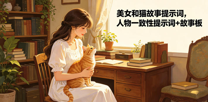 美女和猫故事提示词，人物一致性提示词+故事板-搞钱利器