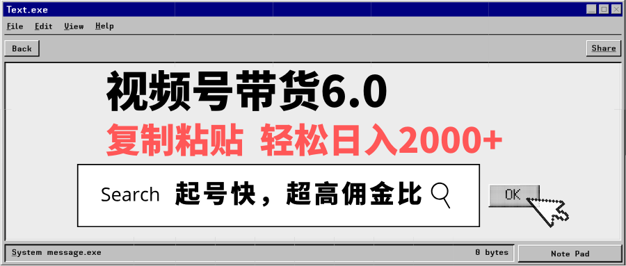 视频号带货6.0，轻松日入2000+，起号快，复制粘贴即可，超高佣金比-搞钱利器