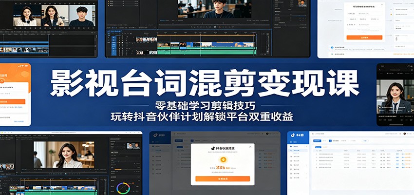 影视台词混剪变现课：零基础学习剪辑技巧，玩转抖音伙伴计划解锁平台双重收益-搞钱利器
