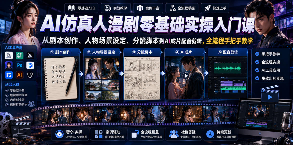 AI仿真人漫剧零基础实操入门课，从剧本创作、人物场景设定、分镜脚本到AI成片配音剪辑，全流程手把手教学-搞钱利器