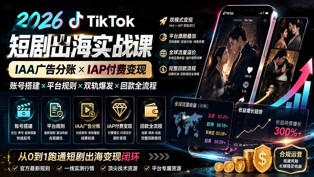 2026TikTok短剧出海实战课：IAA广告分账×IAP付费变现×账号搭建×平台规则×双轨爆发×回款全流程-搞钱利器