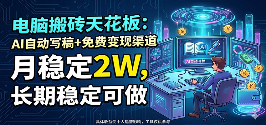 电脑搬砖天花板:AI自动写稿+免费变现渠道,月稳定2W,长期稳定可做-搞钱利器