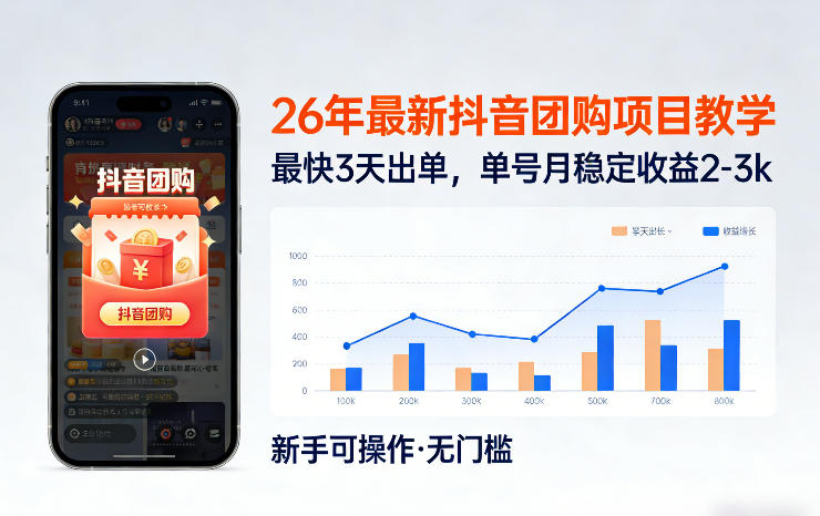 26年最新抖音团购项目教学，0门槛，最快3天出单，单号月稳定收益2-3k(更新3月19日)-搞钱利器