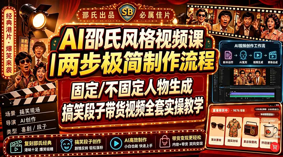AI邵氏风格视频课｜两步极简制作流程，固定/不固定人物生成，搞笑段子带货视频全套实操教学-搞钱利器