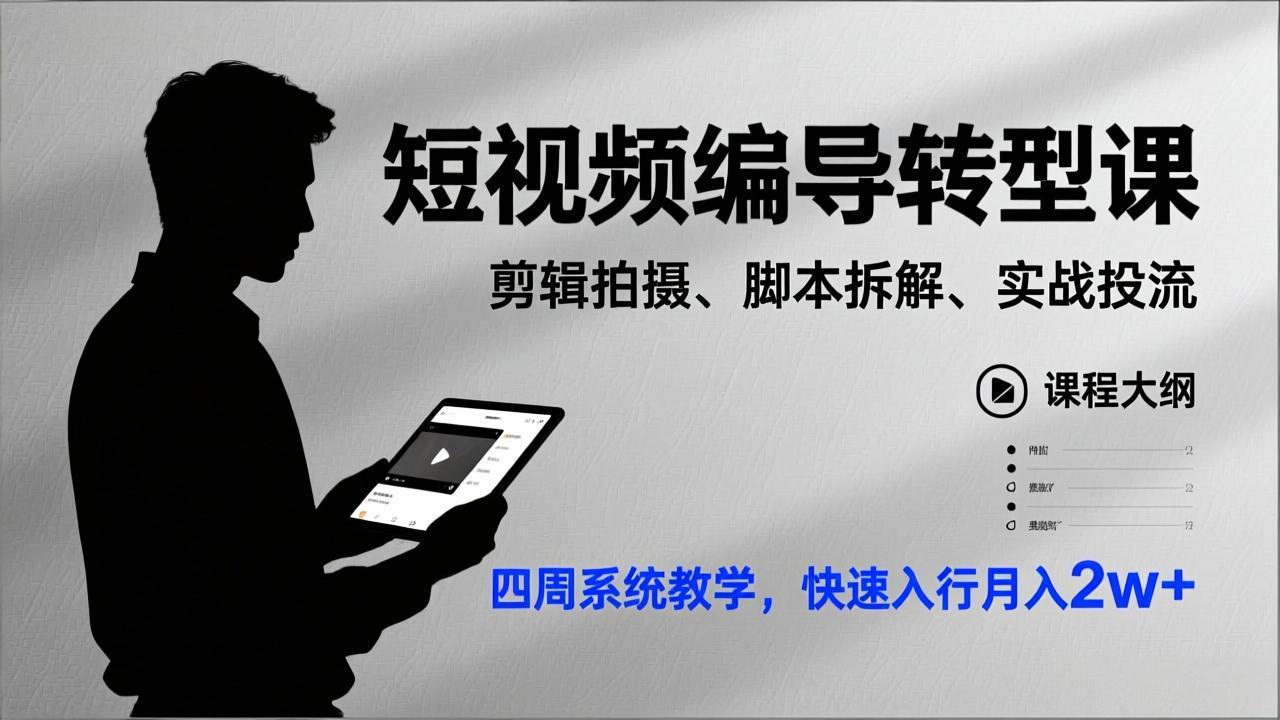 短视频编导转型课，剪辑拍摄、脚本拆解、实战投流，四周系统教学，快速入行月入2w+-搞钱利器