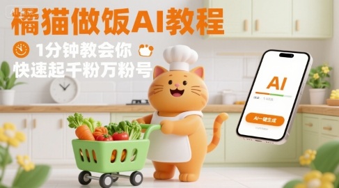 有趣的橘猫买菜做饭视频，用AI一键搞定，1分钟教会你，快速起千粉万粉号-搞钱利器