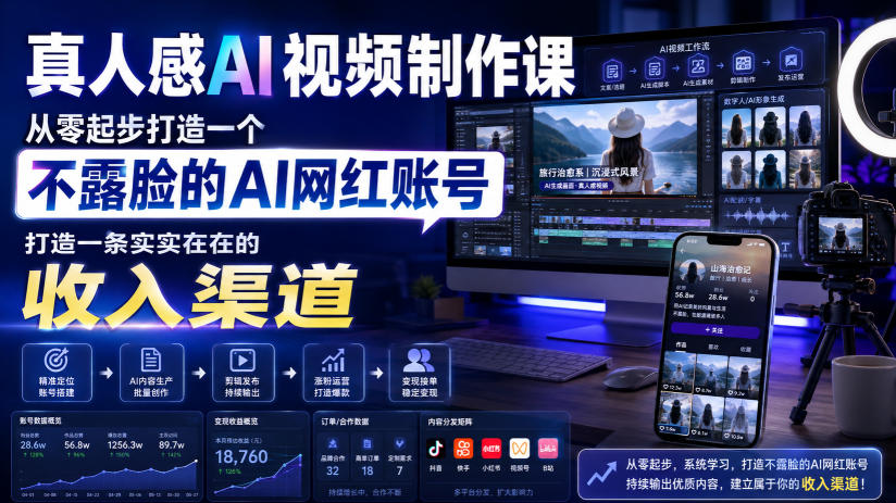真人感AI视频制作课，从零起步打造一个不露脸的AI网红账号，打造一条实实在在的收入渠道【原创双语字幕】-搞钱利器