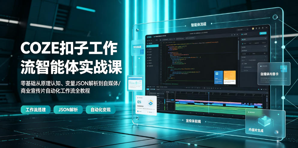 COZE扣子工作流智能体实战课｜零基础从原理认知、变量JSON解析到自媒体/商业宣传片自动化工作流全教程-搞钱利器