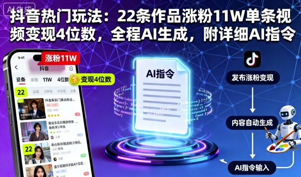 抖音热门玩法：22条作品涨粉11W单条视频变现4位数，全程AI生成，附详细AI指令-搞钱利器