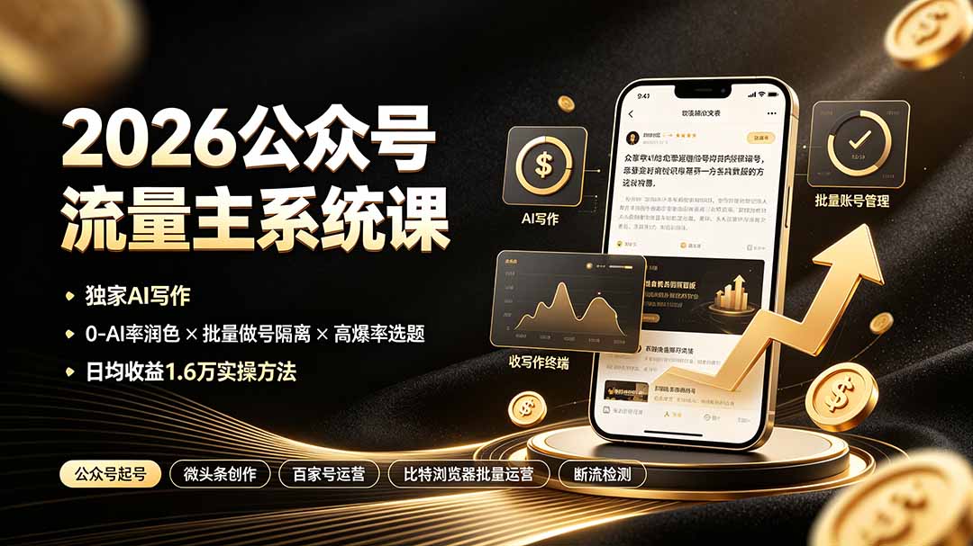 2026公众号流量主系统课:独家AI写作×0-AI率润色×批量做号隔离×高爆率选题,日均收益1.6万实操方法-搞钱利器