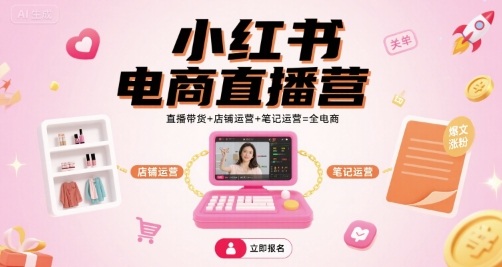小红书电商直播营，直播带货+店铺运营+笔记运营=全电商-搞钱利器