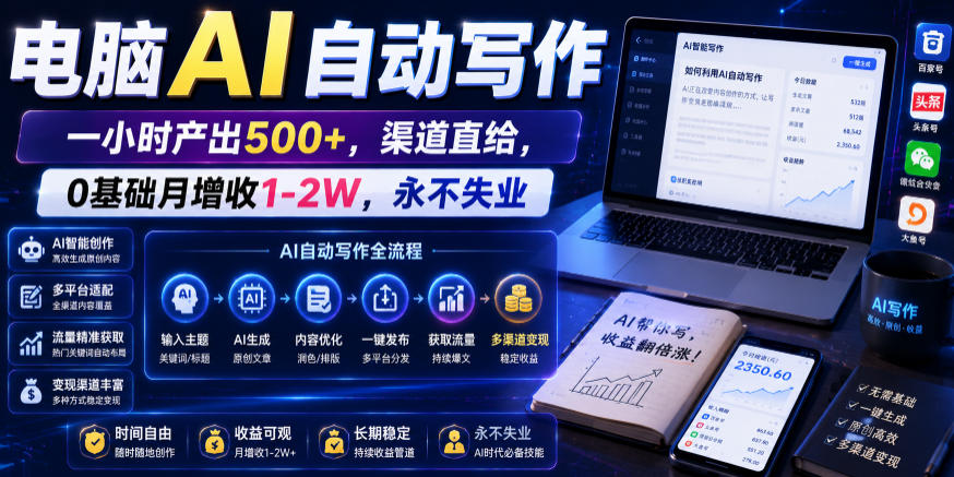 电脑AI自动写作，一小时产出500+，渠道直给，0基础月增收1-2W，永不失业【揭秘】-搞钱利器