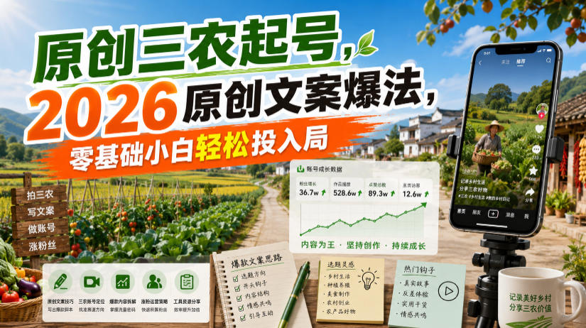 原创三农起号，2026原创文案爆法，零基础小白轻松投入局-搞钱利器