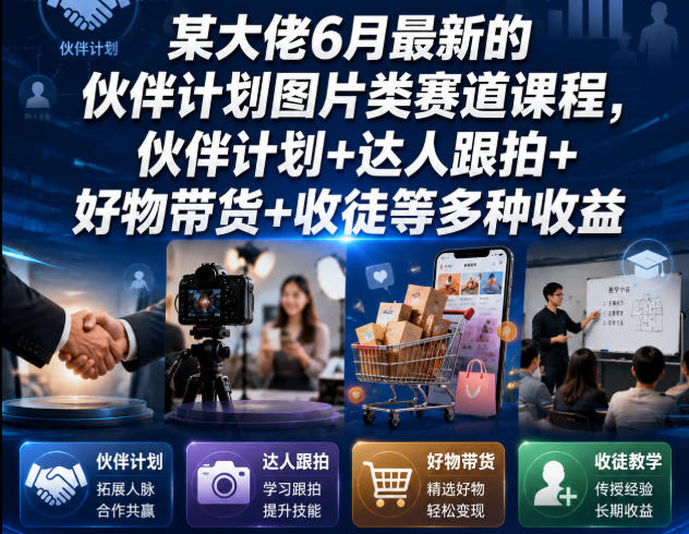 某大佬6月最新的伙伴计划图片类赛道课程，伙伴计划+达人跟拍+好物带货+收徒等多种收益-搞钱利器