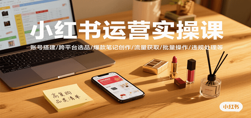 小红书运营实操课，账号搭建/跨平台选品/爆款笔记创作/流量获取/批量操作/违规处理等-搞钱利器