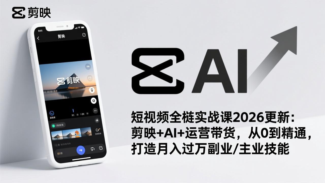 短视频全栈实战课2026更新：剪映+AI+运营带货，从0到精通，打造月入过万副业/主业技能-搞钱利器