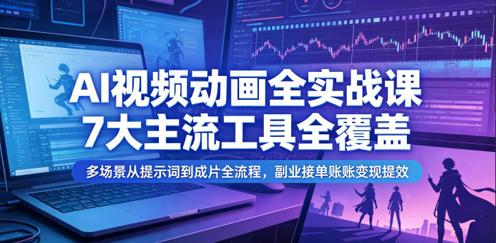 AI视频动画全实战课，7大主流工具全覆盖，多场景从提示词到成片全流程，副业接单账号变现提效-搞钱利器