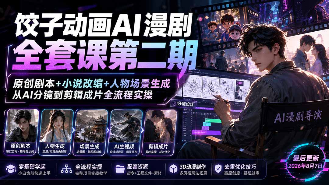 饺子动画AI漫剧全套课第二期：原创剧本+小说改编+人物场景生成，从AI分镜到剪辑成片全流程实操-搞钱利器