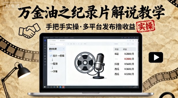万金油之纪录片解说教学，手把手教你，完全实操，多平台发布撸收益-搞钱利器