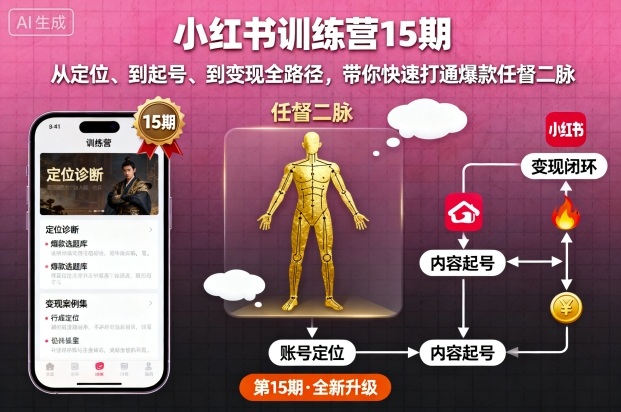 小红书训练营15期，从定位、到起号、到变现全路径，带你快速打通爆款任督二脉-搞钱利器