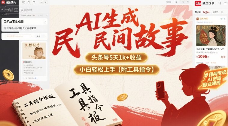AI生成民间故事，头条号5天1k+，小白轻松上手【附工具指令】-搞钱利器