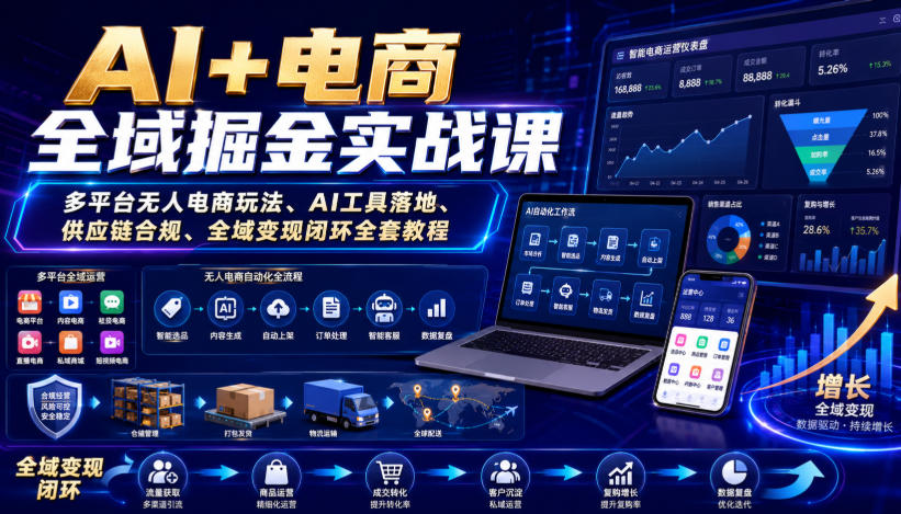 AI+电商全域掘金实战课｜多平台无人电商玩法、AI工具落地、供应链合规、全域变现闭环全套教程-搞钱利器