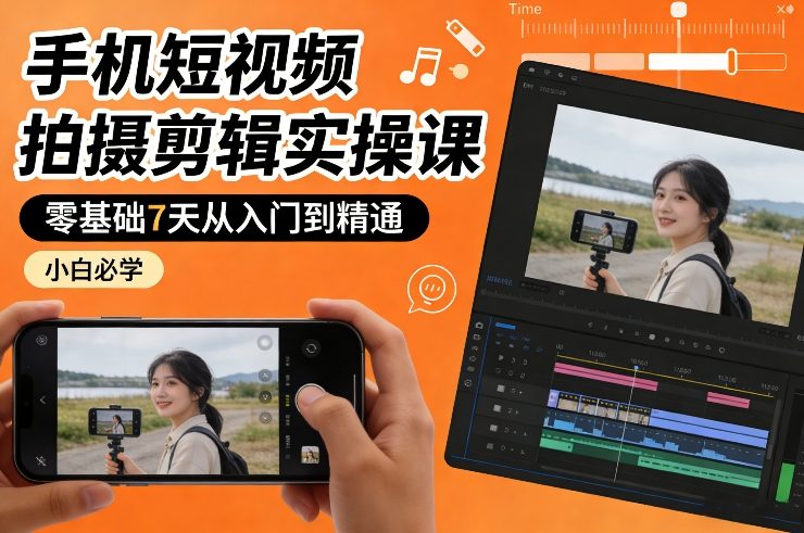 手机短视频拍摄剪辑实操课，零基础7天从入门到精通，小白必学-搞钱利器