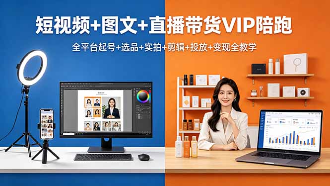 短视频+图文+直播带货VIP陪跑，全平台起号+选品+实拍+剪辑+投放+变现全教学-搞钱利器