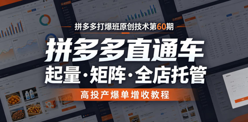 拼多多打爆班原创技术第60期，拼多多直通车，起量・矩阵・全店托管，高投产爆单增收教程-搞钱利器