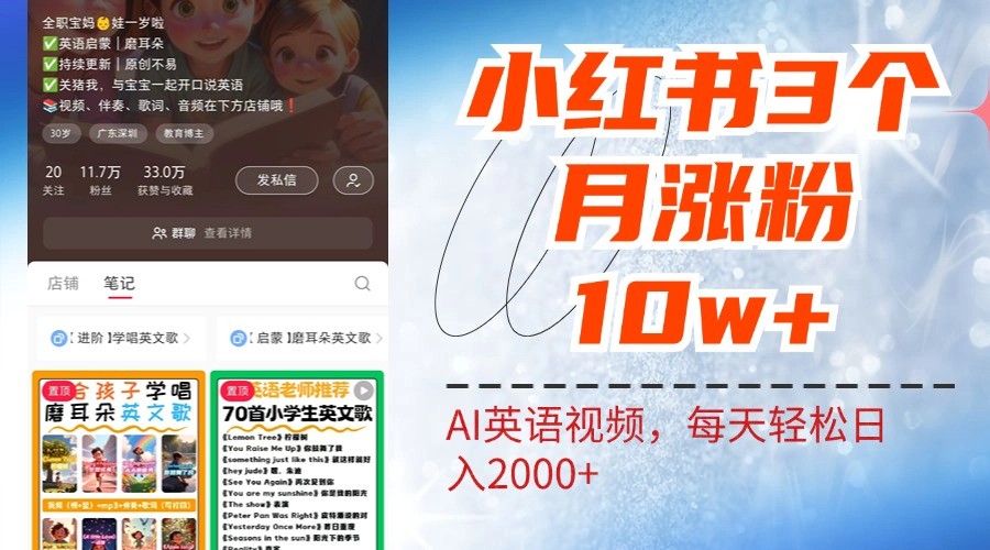 小红书三个月涨粉10W，AI英语视频0成本制作，每天轻松日入2000+-搞钱利器