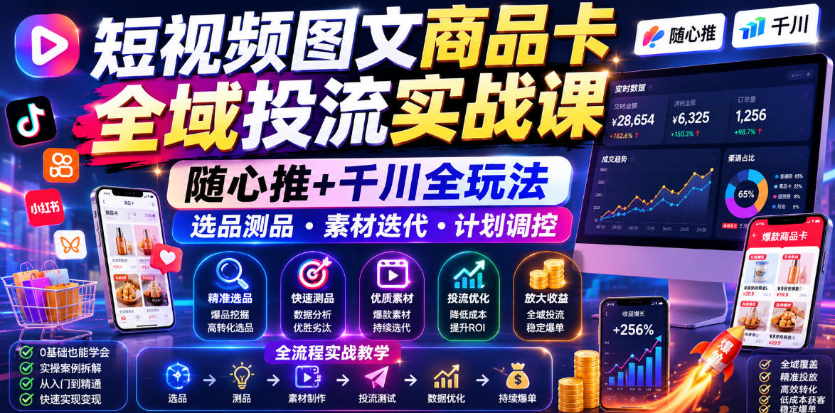 短视频图文商品卡全域投流实战课，随心推+千川全玩法，选品测品・素材迭代・计划调控，提升ROI爆单增收教程-搞钱利器