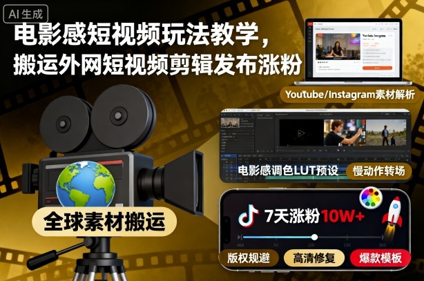 电影感短视频玩法教学，搬运外网短视频剪辑发布涨粉-搞钱利器