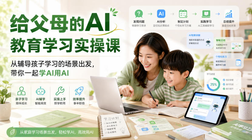 给父母的AI教育学习实操课，从辅导孩子学习的场景出发，带你一起学AI用AI-搞钱利器
