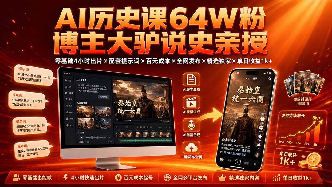 AI历史课64W粉博主大驴说史亲授：零基础4小时出片×配套提示词×百元成本×全网发布×精选独家×单日收益1k+-搞钱利器