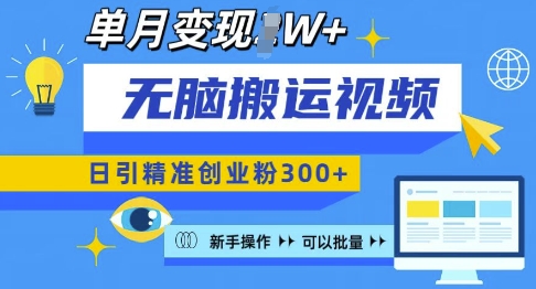 无脑搬运视频号可批量复制，新手即可操作，日引精准创业粉300+，月变现过W 【揭秘】-搞钱利器