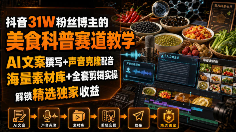 抖音31W粉丝博主的美食科普赛道教学，AI文案撰写+声音克隆配音+剪辑实操，解锁精选独家收益-搞钱利器