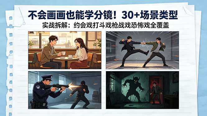 不会画画也能学分镜！30+场景类型实战拆解：约会戏打斗戏枪战戏恐怖戏全覆盖-搞钱利器