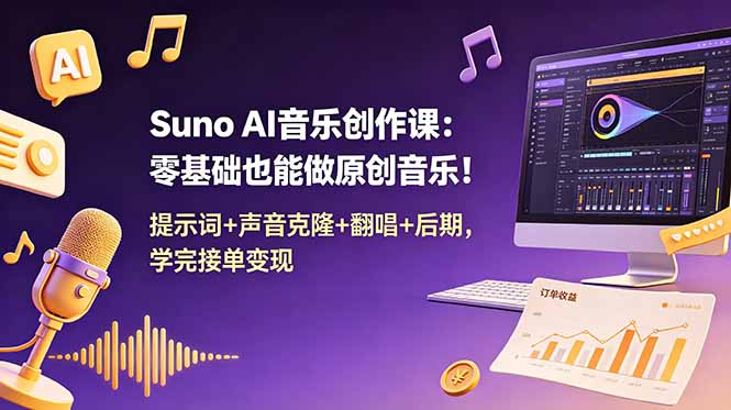 Suno AI音乐创作课：零基础也能做原创音乐！提示词+声音克隆+翻唱+后期，学完接单变现-搞钱利器