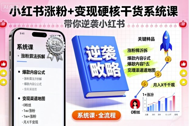 小红书涨粉+变现硬核干货系统课，带你逆袭小红书-搞钱利器