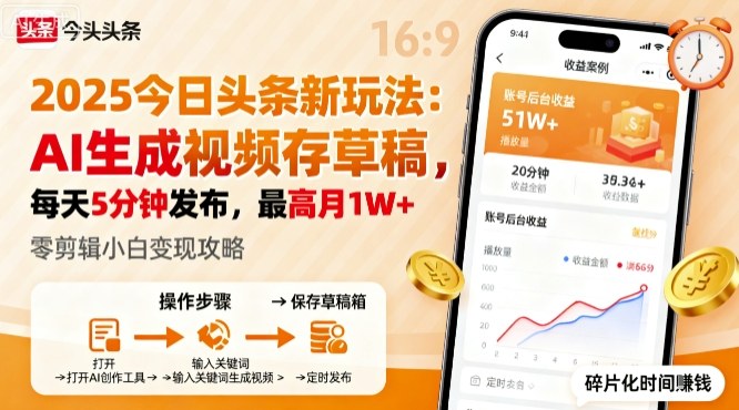 2025年今日头条躺賺新玩法，AI生成视频存草稿，每天5分钟发布，最高月1W+【揭秘】-搞钱利器