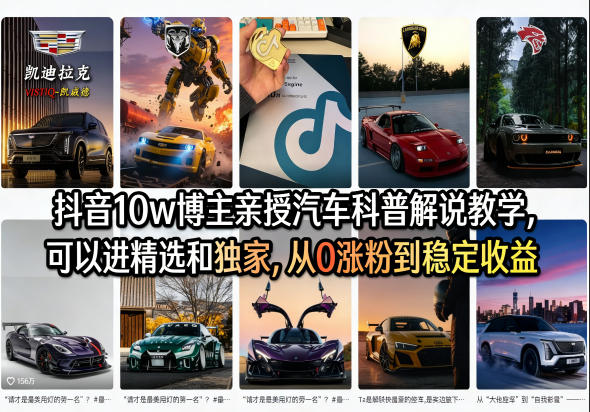 抖音10w博主亲授汽车科普解说教学，可以进精选和独家，从0涨粉到稳定收益(详细视频课程+1T素材)-搞钱利器